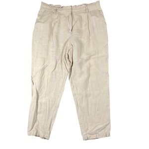 LOFT Paper Bag Pants Womens Size M Beige Linen Blend Bohemian‎ Waist Ankle Comfy